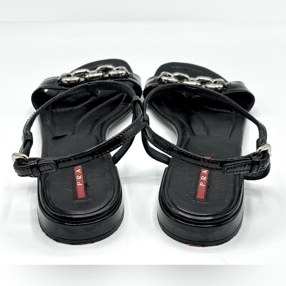 PRADA Black Patent Leather Sandals with Silver Block Chain Detail - Picture 7 of 10